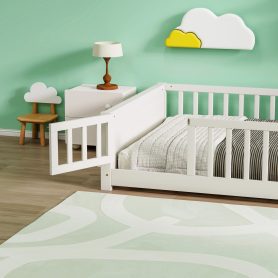 Full Size Rubber Wood Floor Bed with Guardrails, Built-in Book Rack, Door