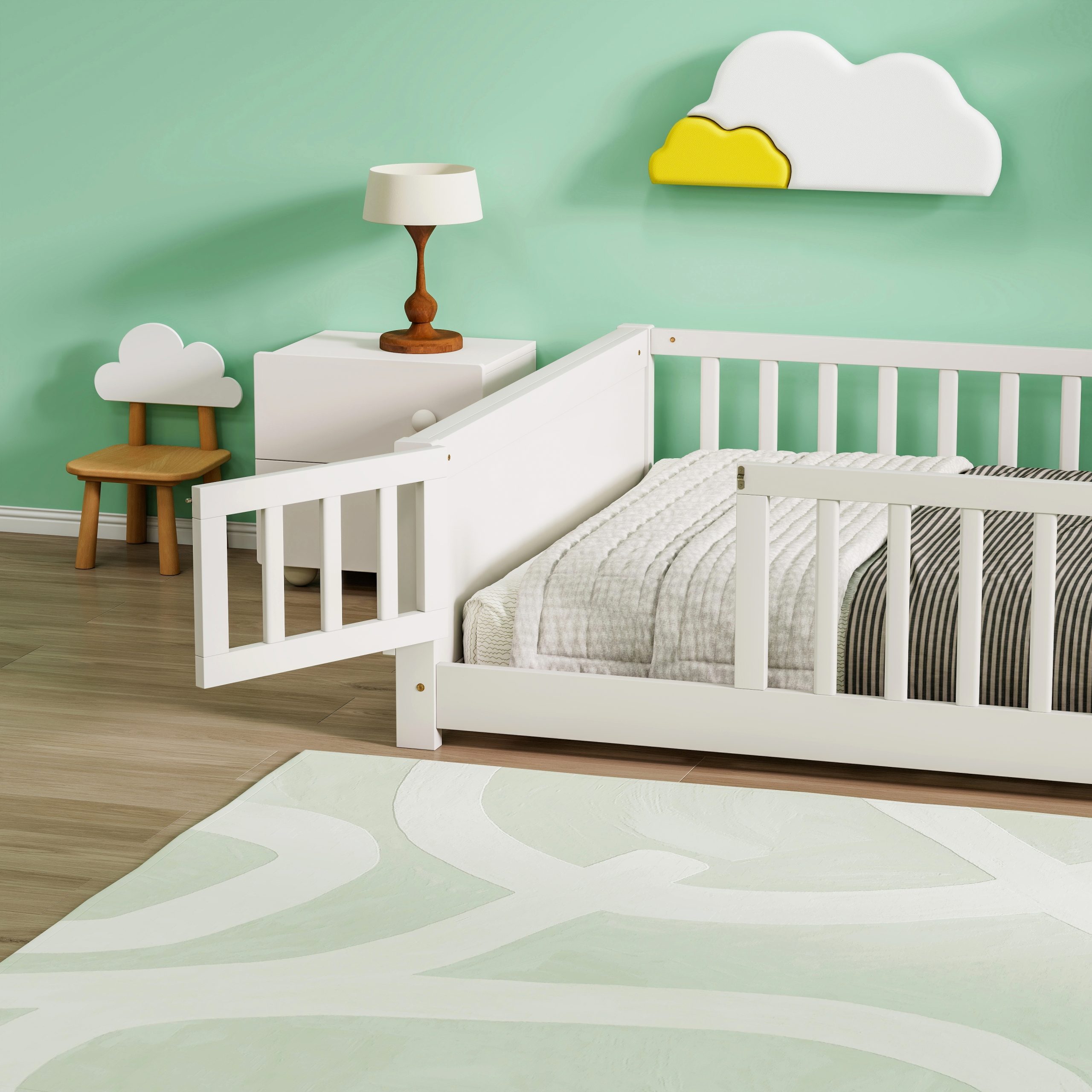 Full Size Rubber Wood Floor Bed with Guardrails, Built-in Book Rack, Door