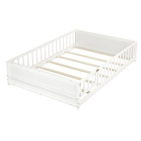 Full Size Rubber Wood Floor Bed with Guardrails, Built-in Book Rack, Door