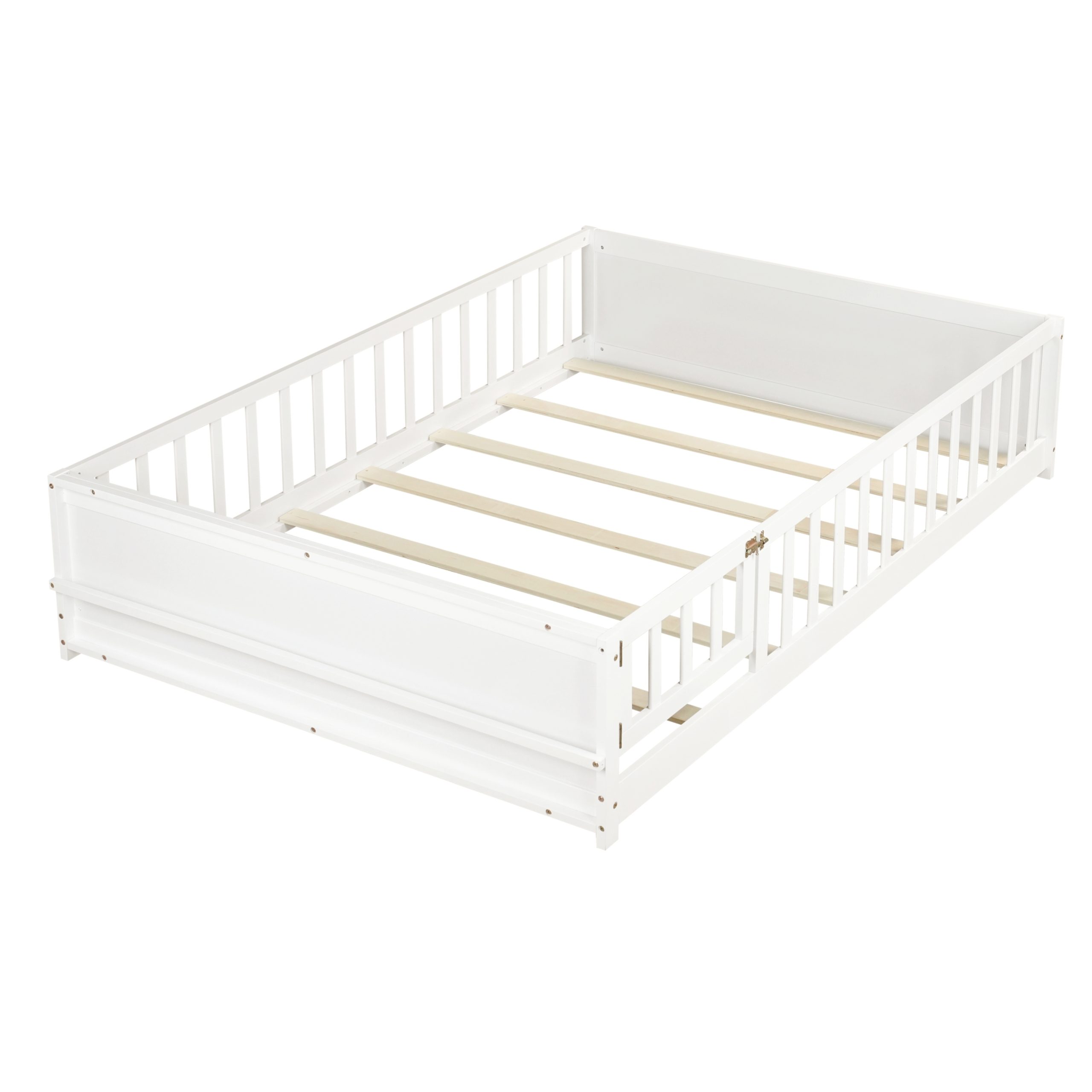 Full Size Rubber Wood Floor Bed with Guardrails, Built-in Book Rack, Door