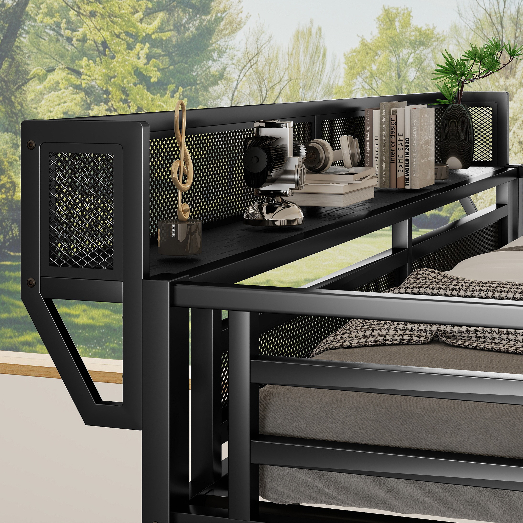 Metal Twin Xl Size Loft Bed With Stairs, Storage Shelves and Wardrobe