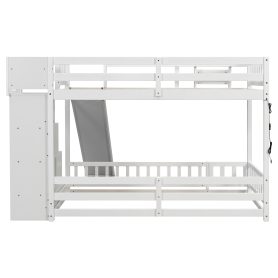 Twin Over Twin Bunk Bed With Slide, Storage Staircase, Bedside Storage Rack, LED Lights
