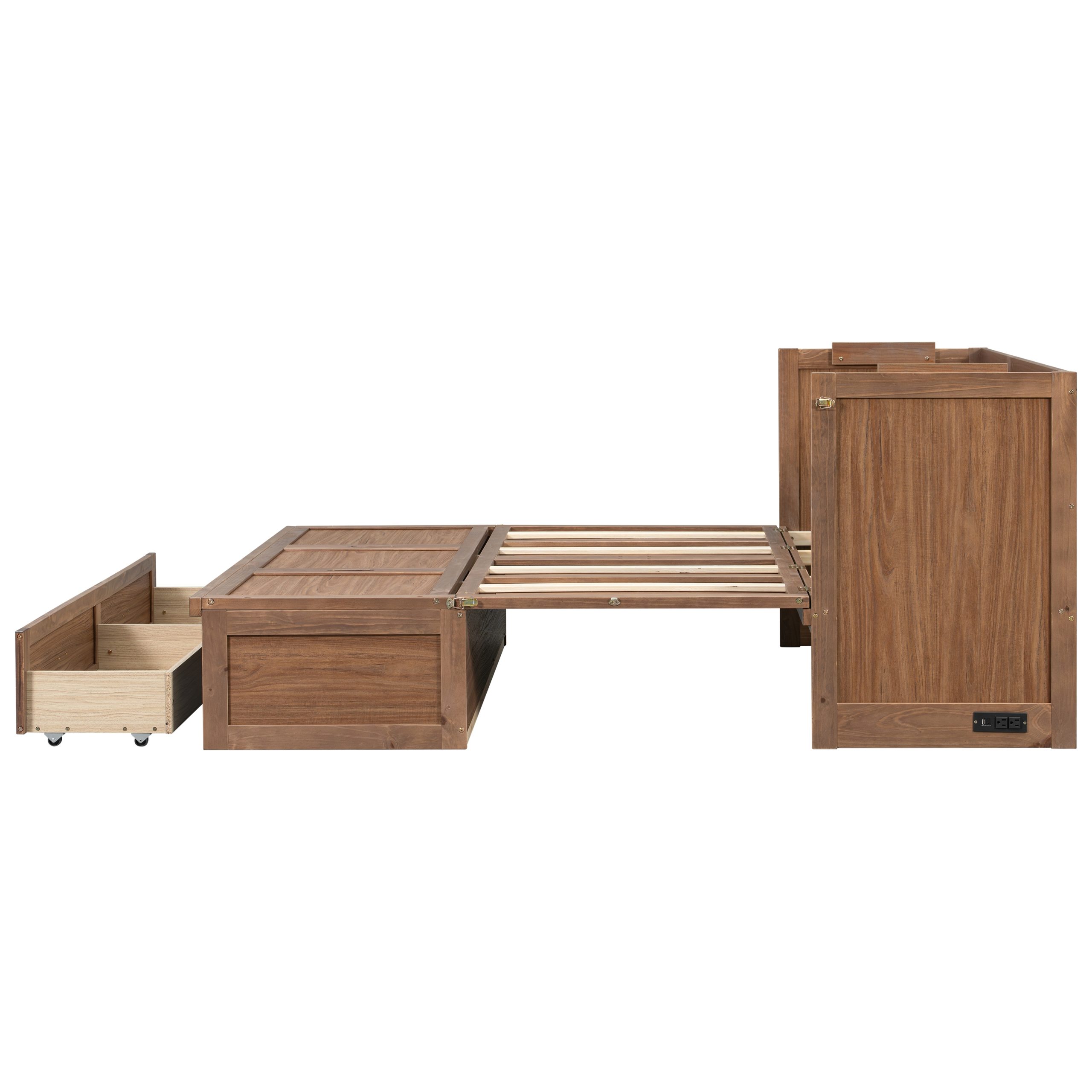 Pine Wood Cabinet Bed with Charging Station and Ripple Decoration Panels