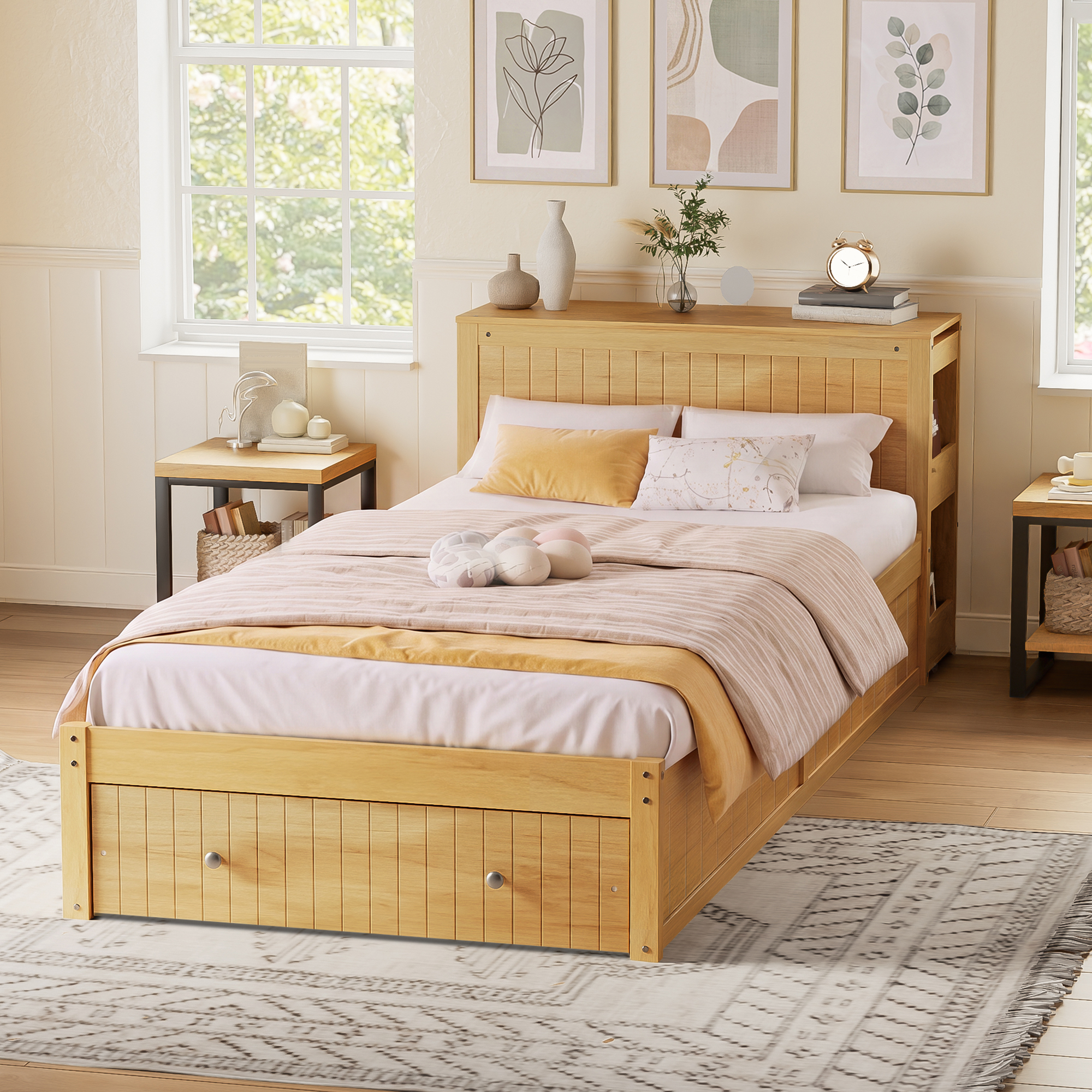 Twin Wood Bed Frame with wide Headboard, Footboard Drawers & Side Shelves