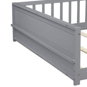 Full Size Rubber Wood Floor Bed with Guardrails, Built-in Book Rack