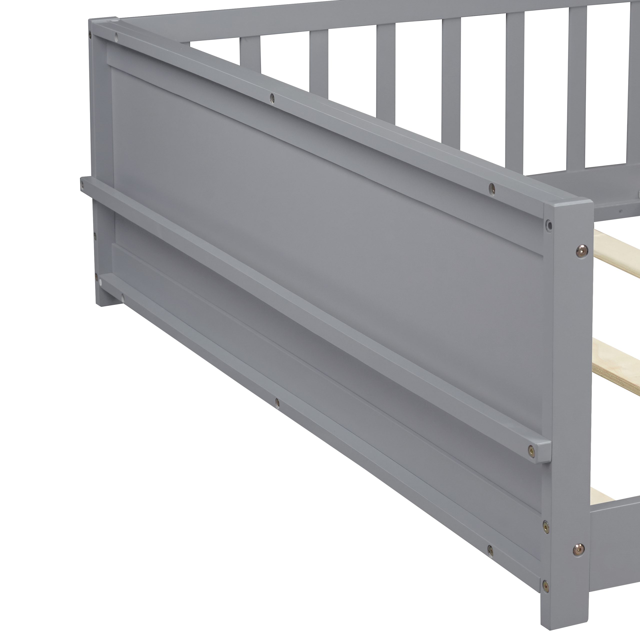 Full Size Rubber Wood Floor Bed with Guardrails, Built-in Book Rack