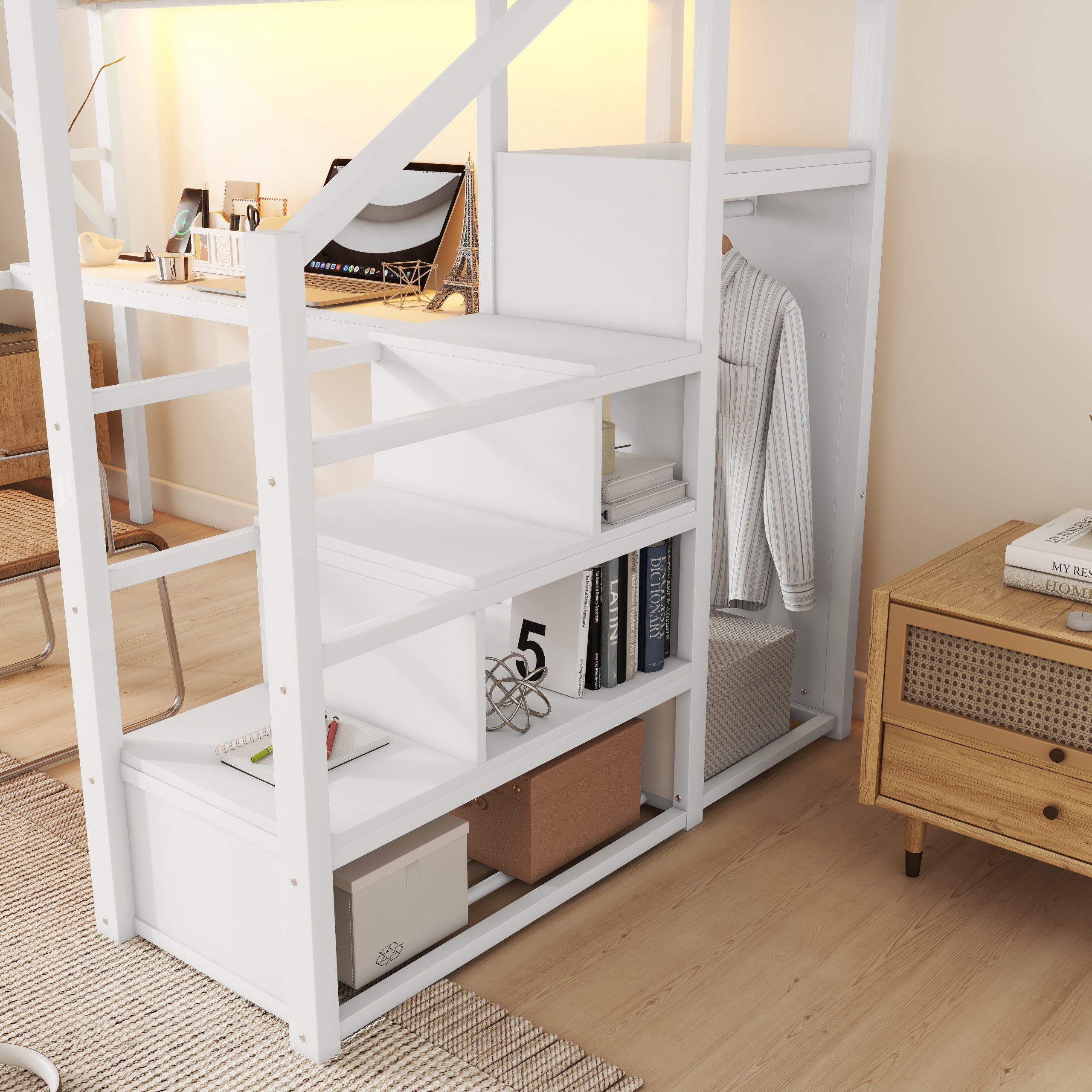 Metal Full Loft Bed With Desk, Charging Station, Stairs And Light
