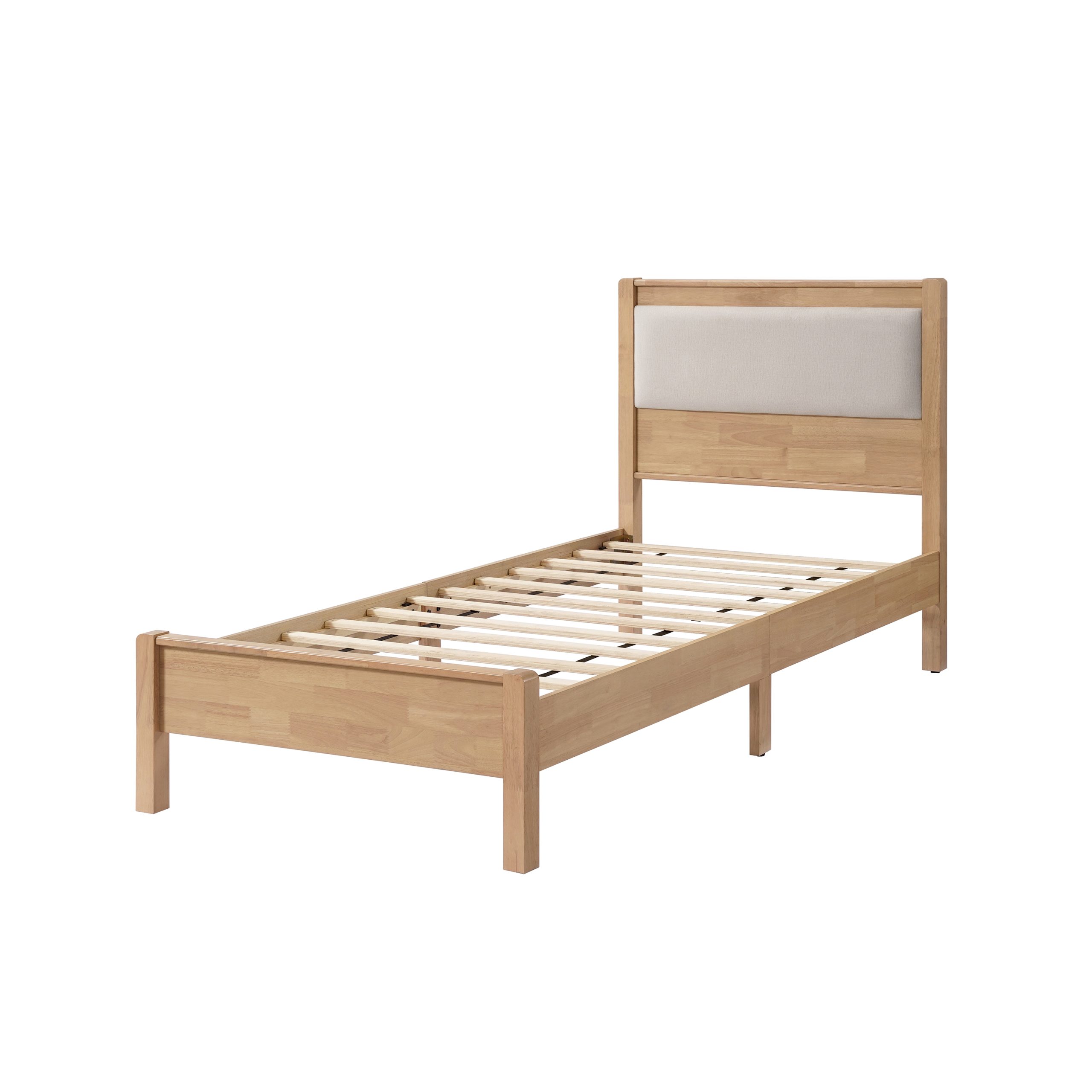 Twin Xl Size Solid Rubber Wooden Bed With Upholstered Headboard