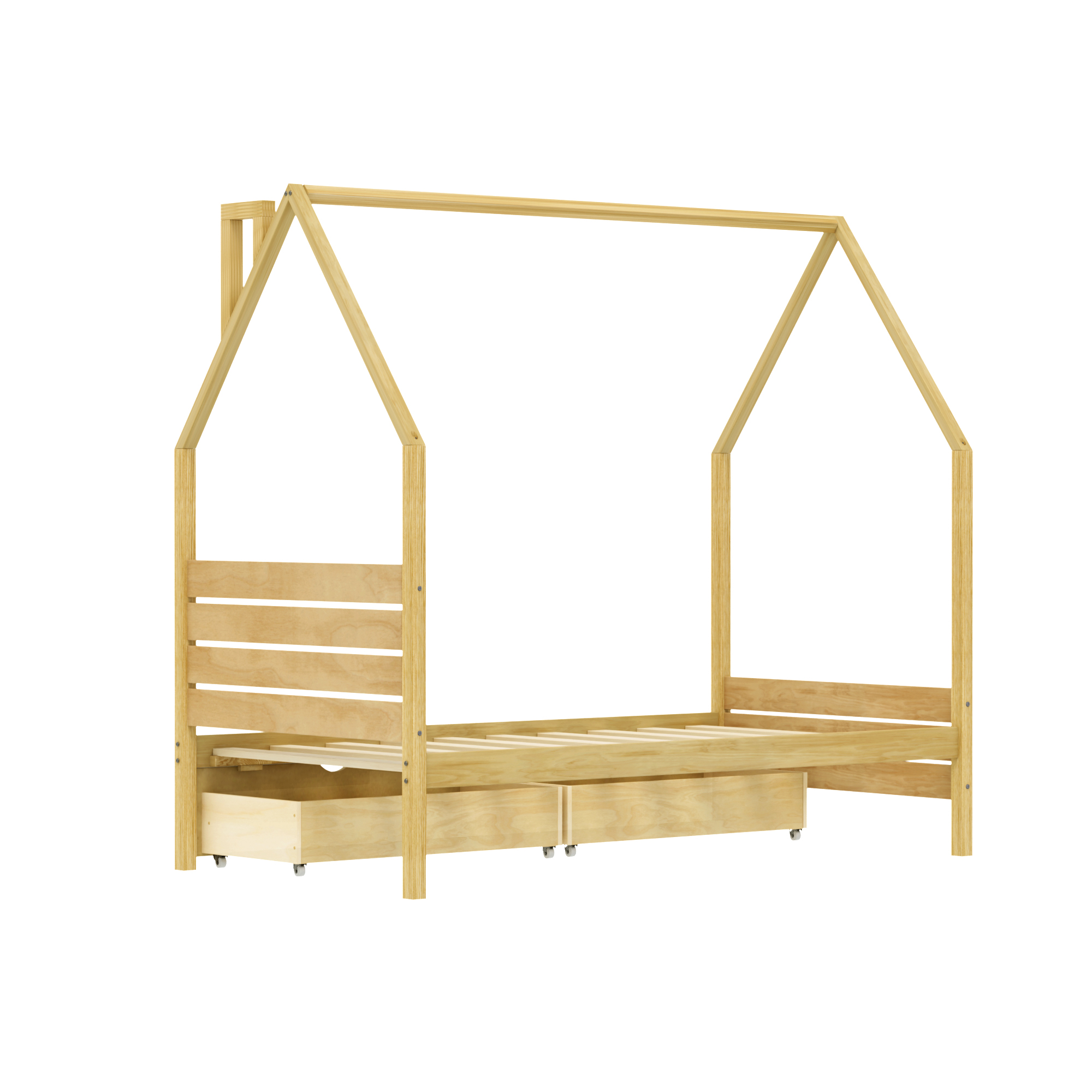 Wood House Shape Twin Montessori Bed with 2 Storage Drawers