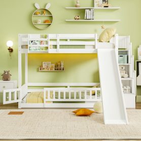 Twin Over Twin Bunk Bed With Slide, Storage Staircase, Bedside Storage Rack, LED Lights