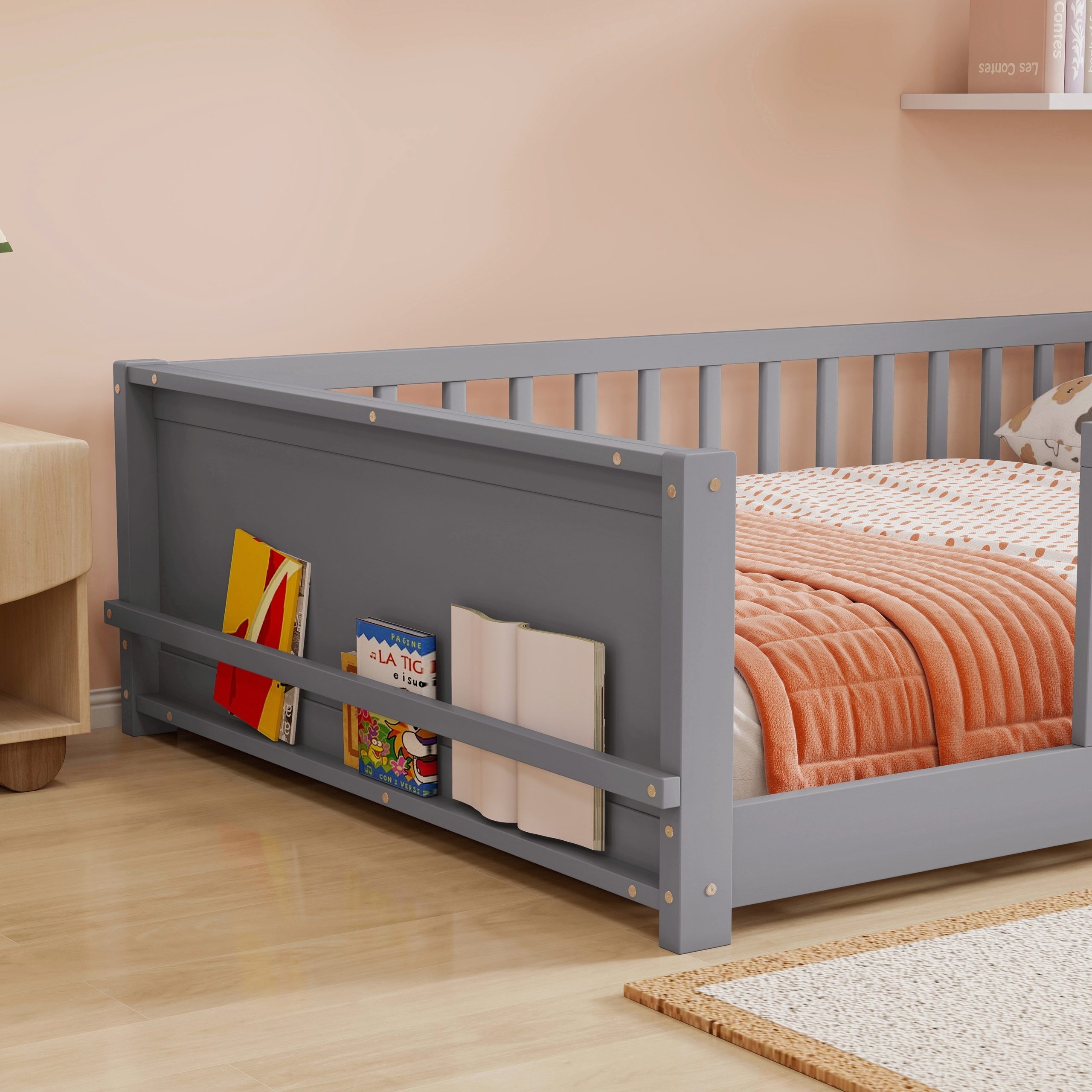 Full Size Rubber Wood Floor Bed with Guardrails, Built-in Book Rack