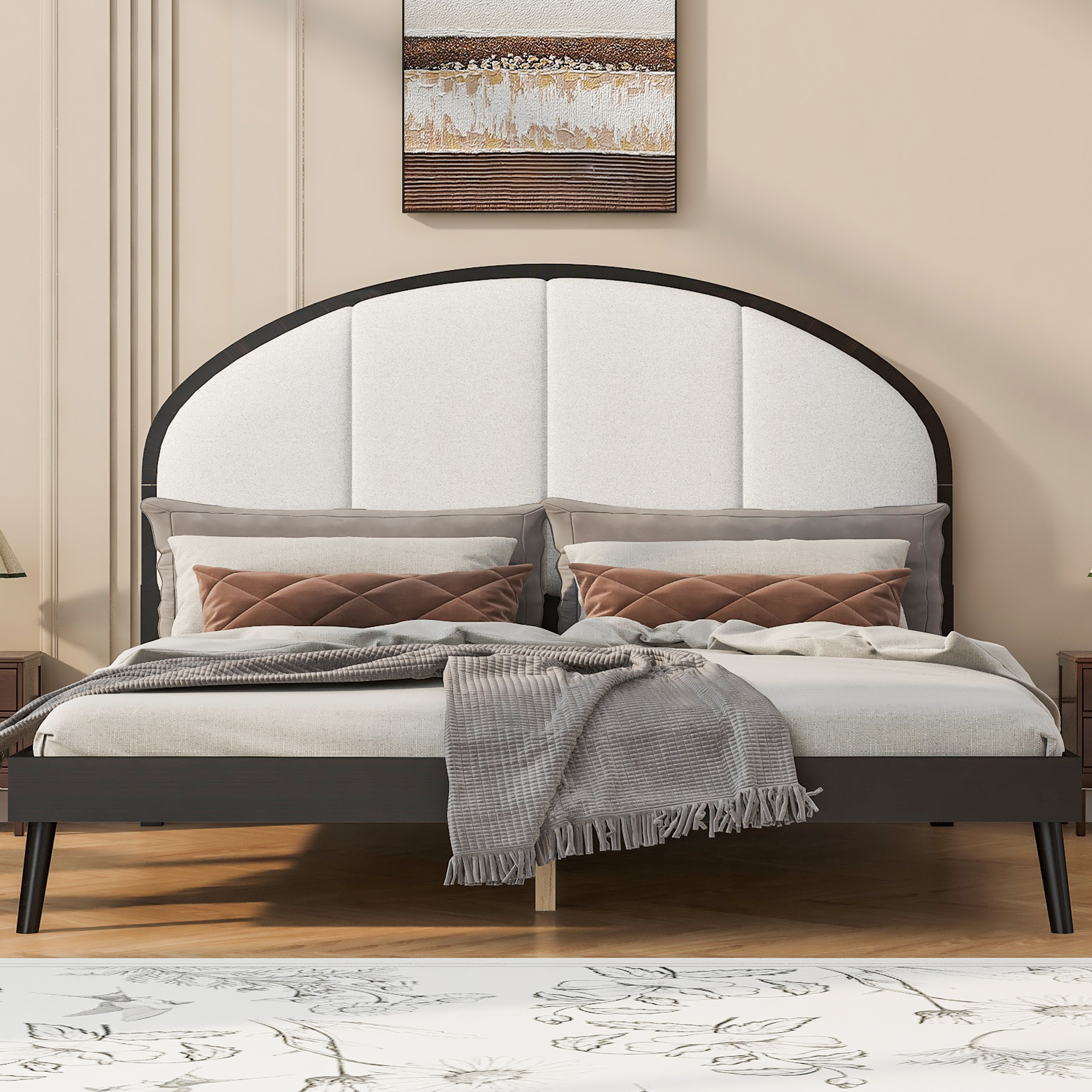 Queen Size Upholstered Platform Bed Frame With Linen Headboard