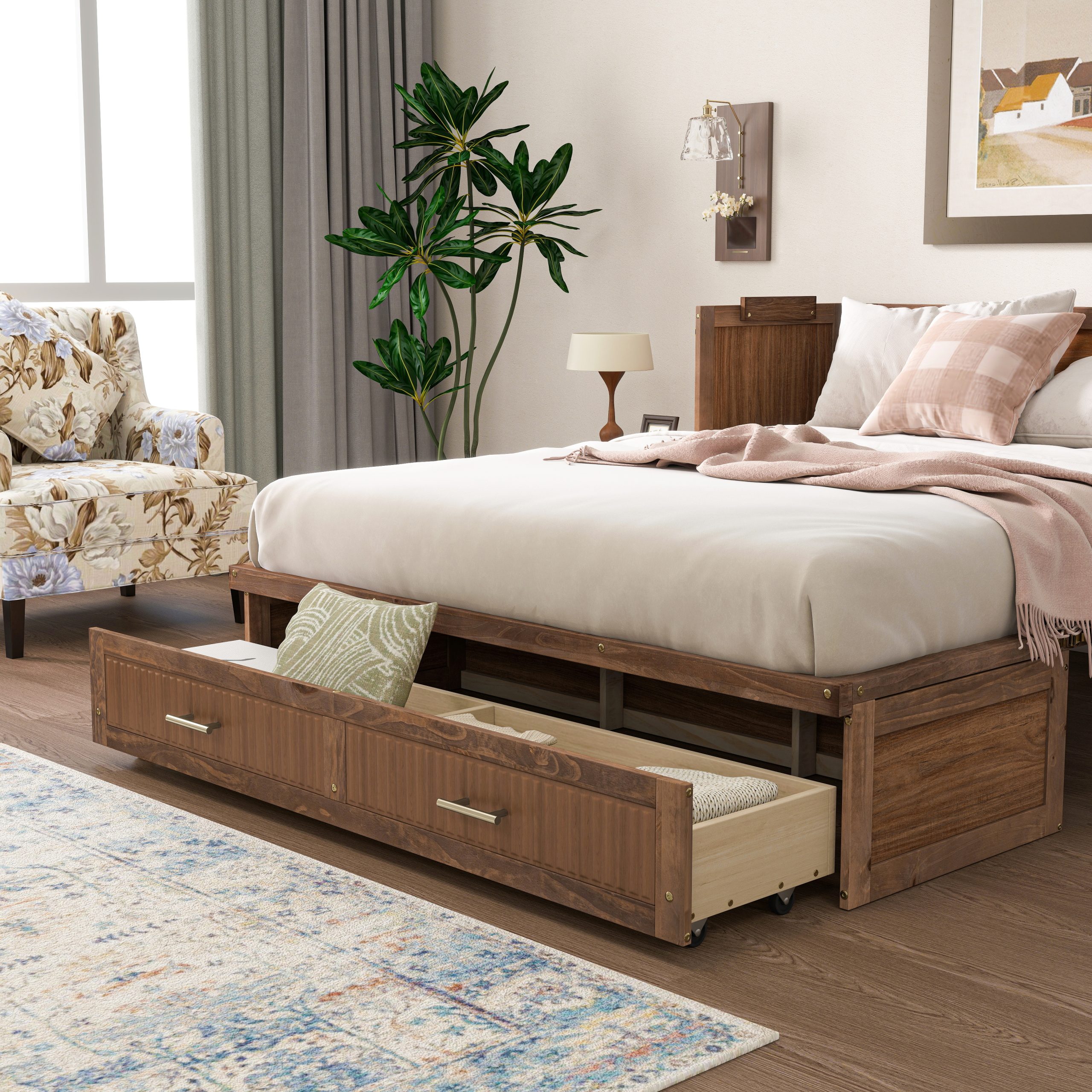 Pine Wood Cabinet Bed with Charging Station and Ripple Decoration Panels