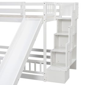Twin Over Twin Bunk Bed With Slide, Storage Staircase, Bedside Storage Rack, LED Lights