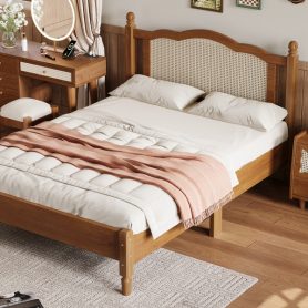 Full Size Wooden Platform Bed with Natural Rattan Headboard