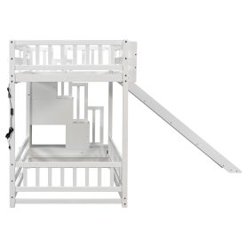 Twin Over Twin Bunk Bed With Slide, Storage Staircase, Bedside Storage Rack, LED Lights