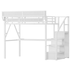 Metal Full Loft Bed With Desk, Charging Station, Stairs And Light
