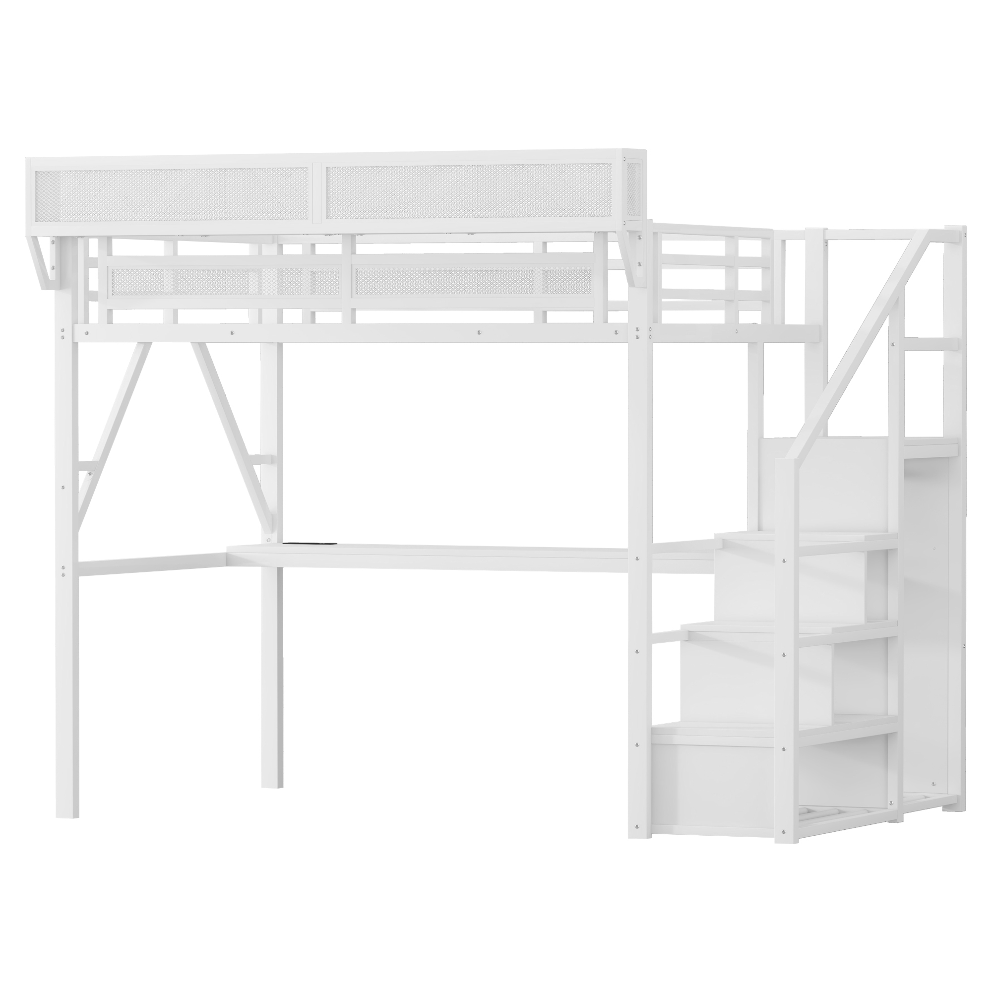 Metal Full Loft Bed With Desk, Charging Station, Stairs And Light