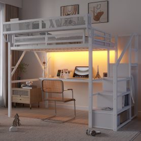 Metal Full Loft Bed With Desk, Charging Station, Stairs And Light