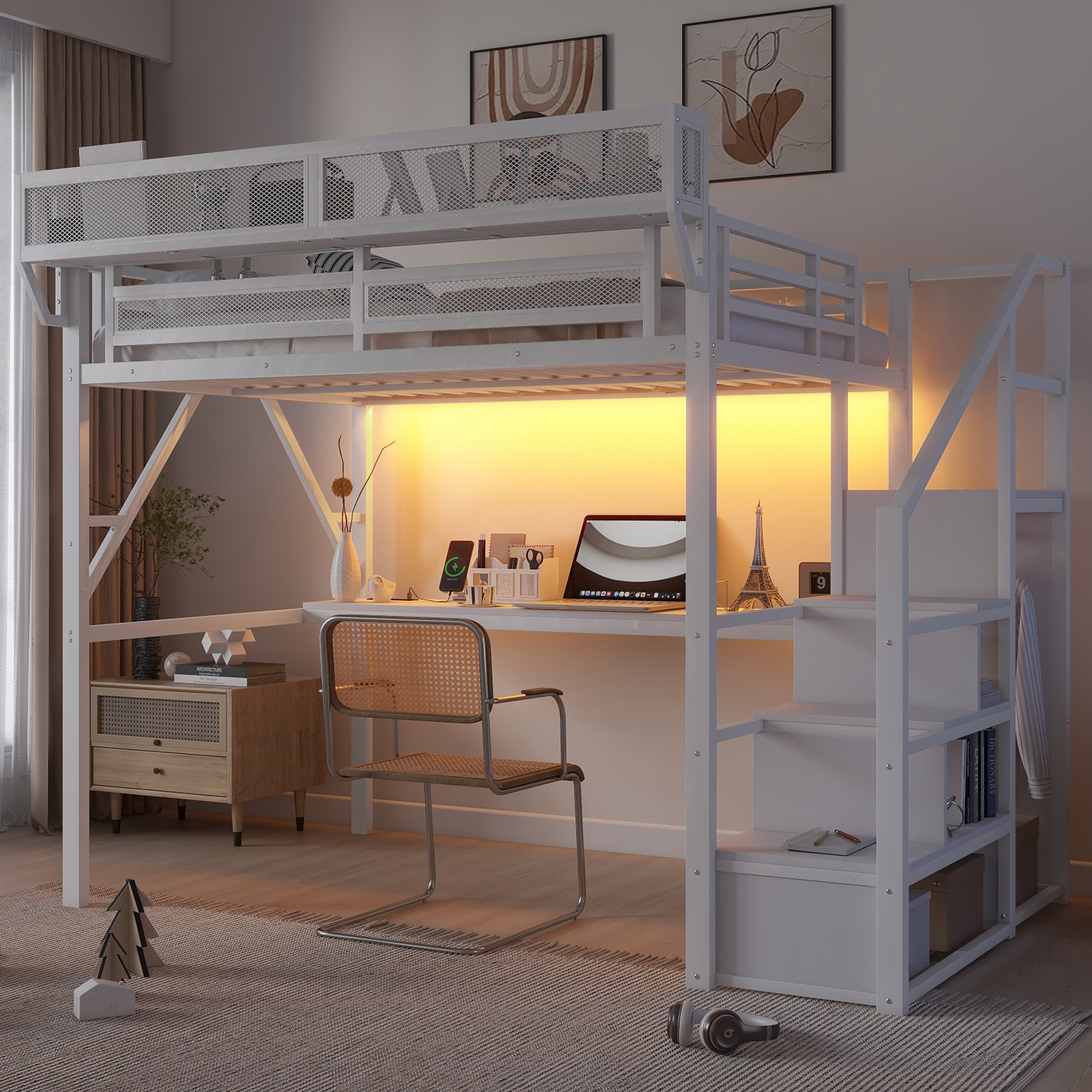 Metal Full Loft Bed With Desk, Charging Station, Stairs And Light