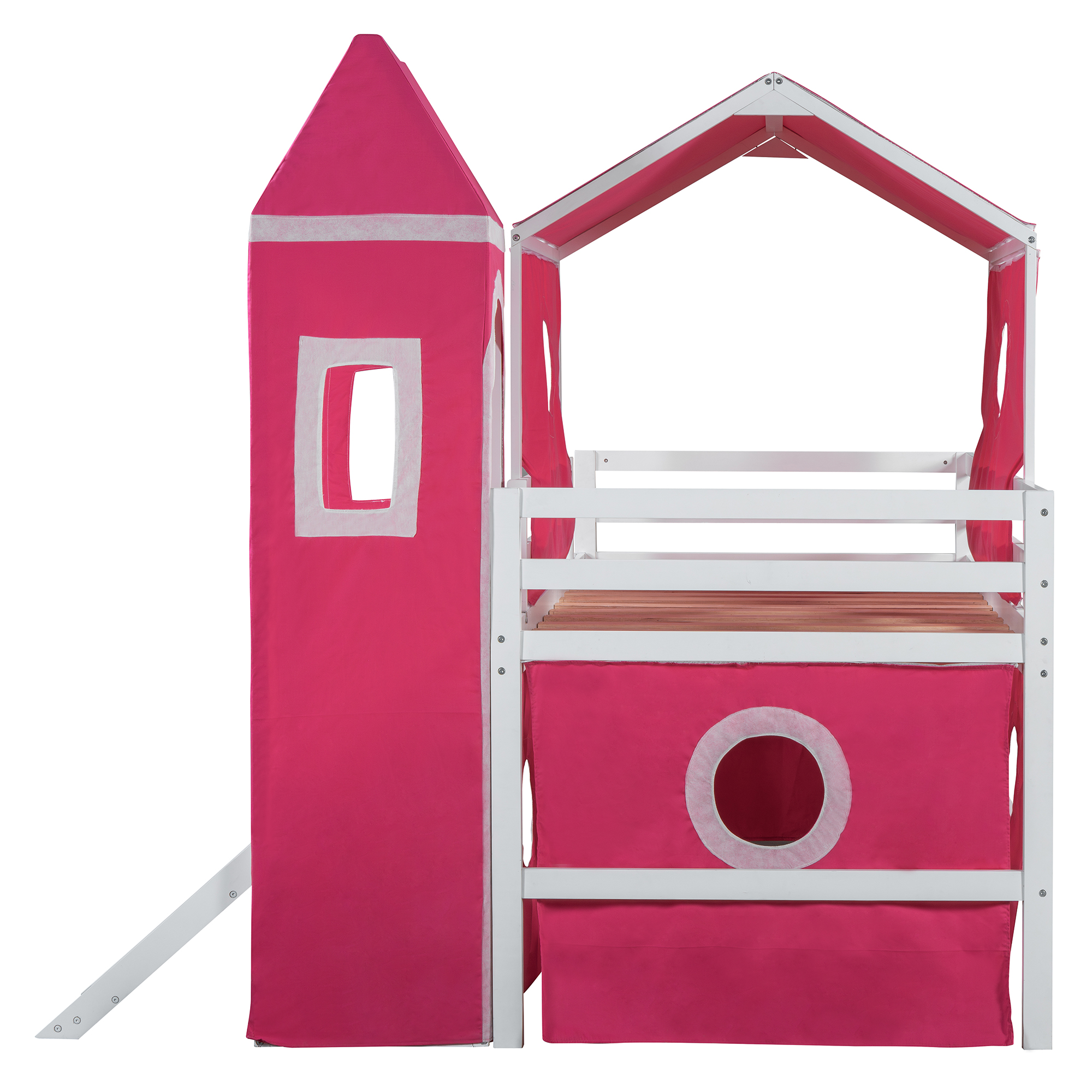 Solid Wood Twin Size Loft Bed With Slide Pink Tent And Tower
