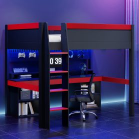 Full Size Loft Bed with Multi-Color LED Lights, Hanging Pegboard & Built-In Gaming Desk Storage
