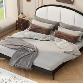 King Size Upholstered Platform Bed Frame With Linen Headboard