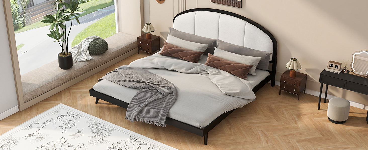 King Size Upholstered Platform Bed Frame With Linen Headboard
