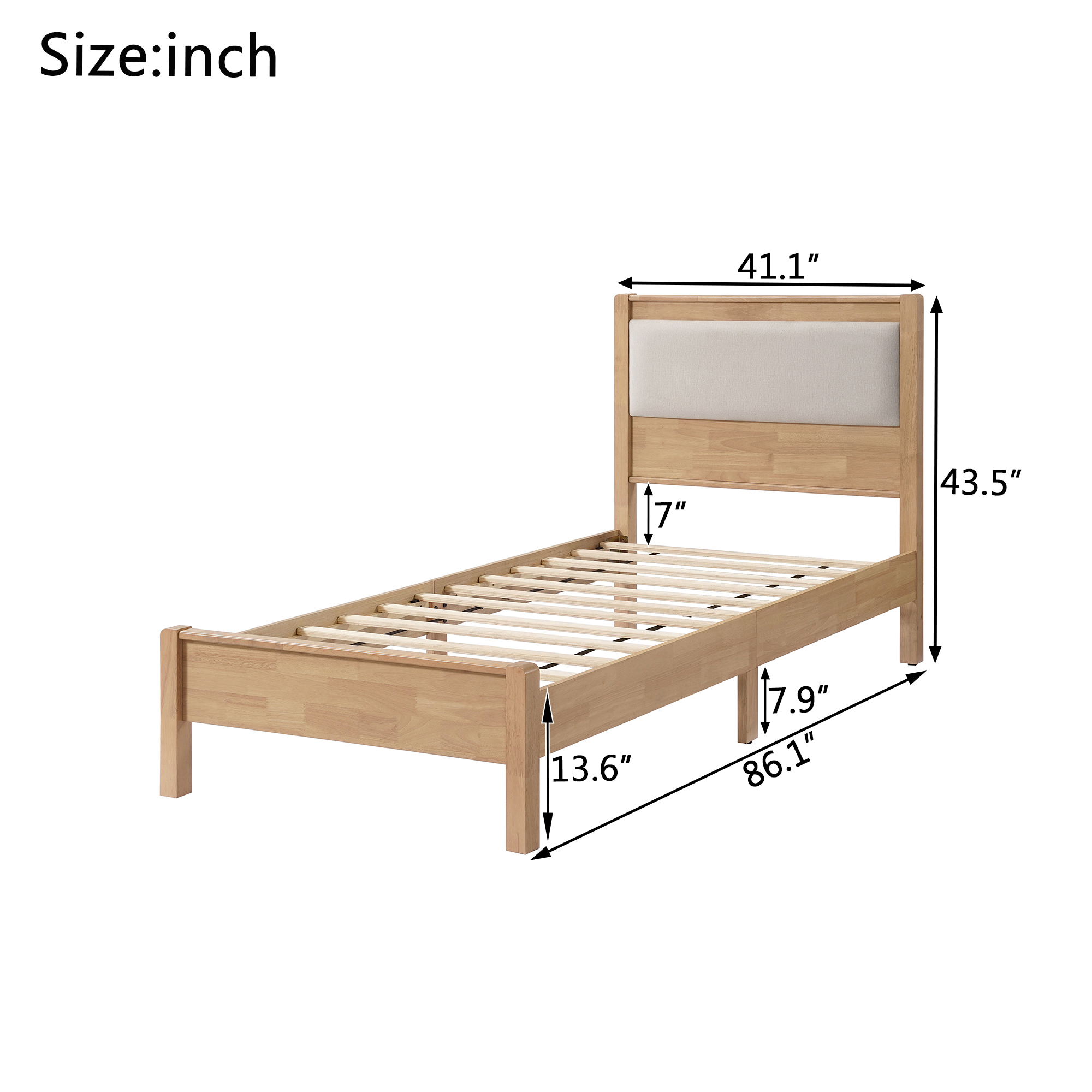Twin Xl Size Solid Rubber Wooden Bed With Upholstered Headboard