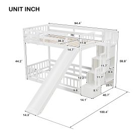 Twin Over Twin Bunk Bed With Slide, Storage Staircase, Bedside Storage Rack, LED Lights