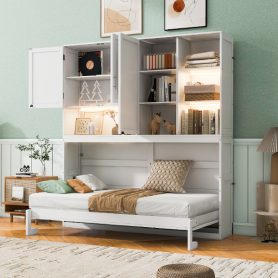 Twin Size Murphy Bed with Top Cabinet, Shelves and Light & USB