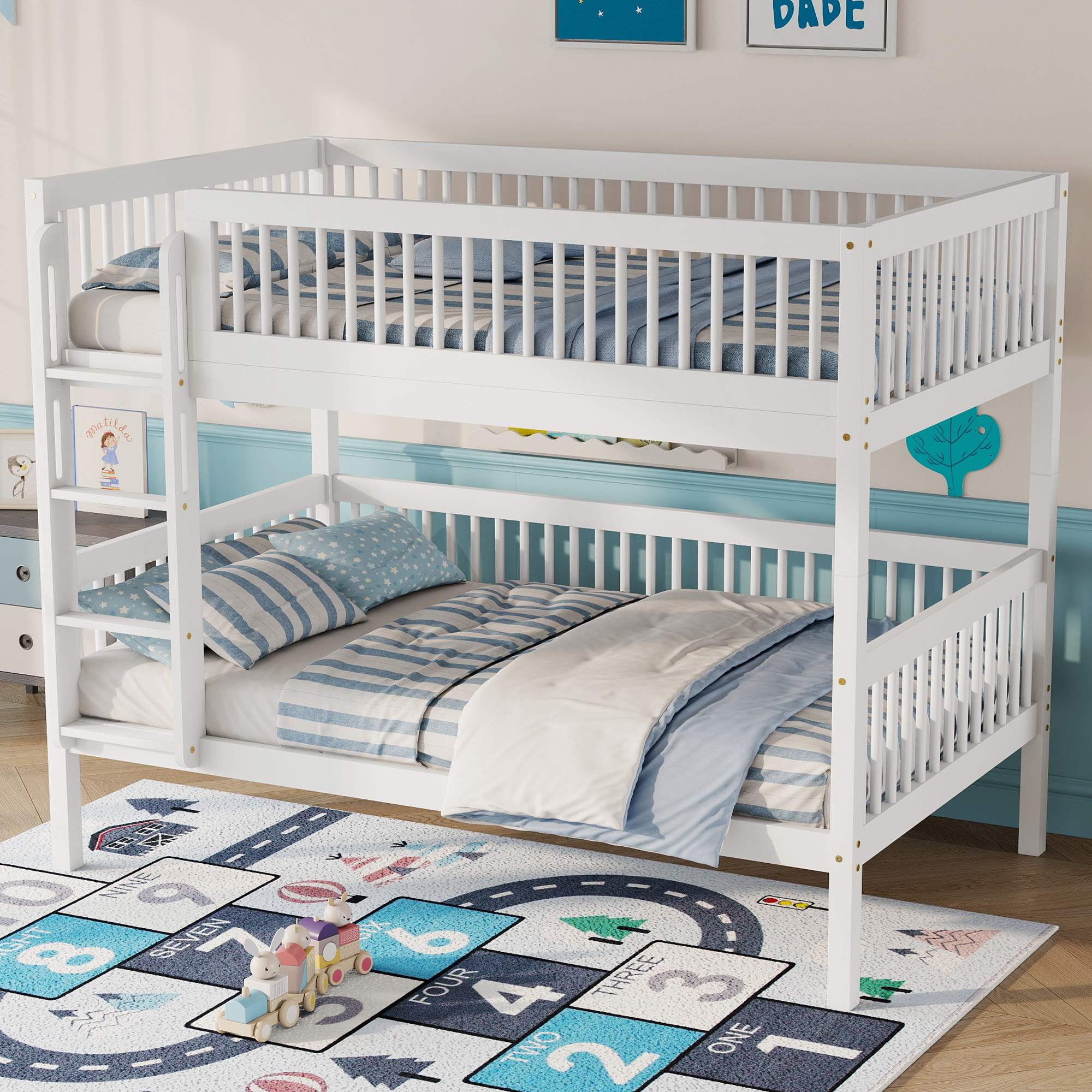 Twin Over Twin Pine Wood Bunk Bed With 2 Drawers, Convertible into 2 Twin Beds