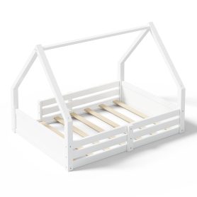 Full Size House Floor Wooden Bed with House Roof Frame, Fence Guardrails & Grooved Panel Design