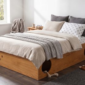 Queen Wood Platform Bed with Removable Headboard, Under-Bed Pet Maze & Private Space, Decorative Footboard, Detachable Slats