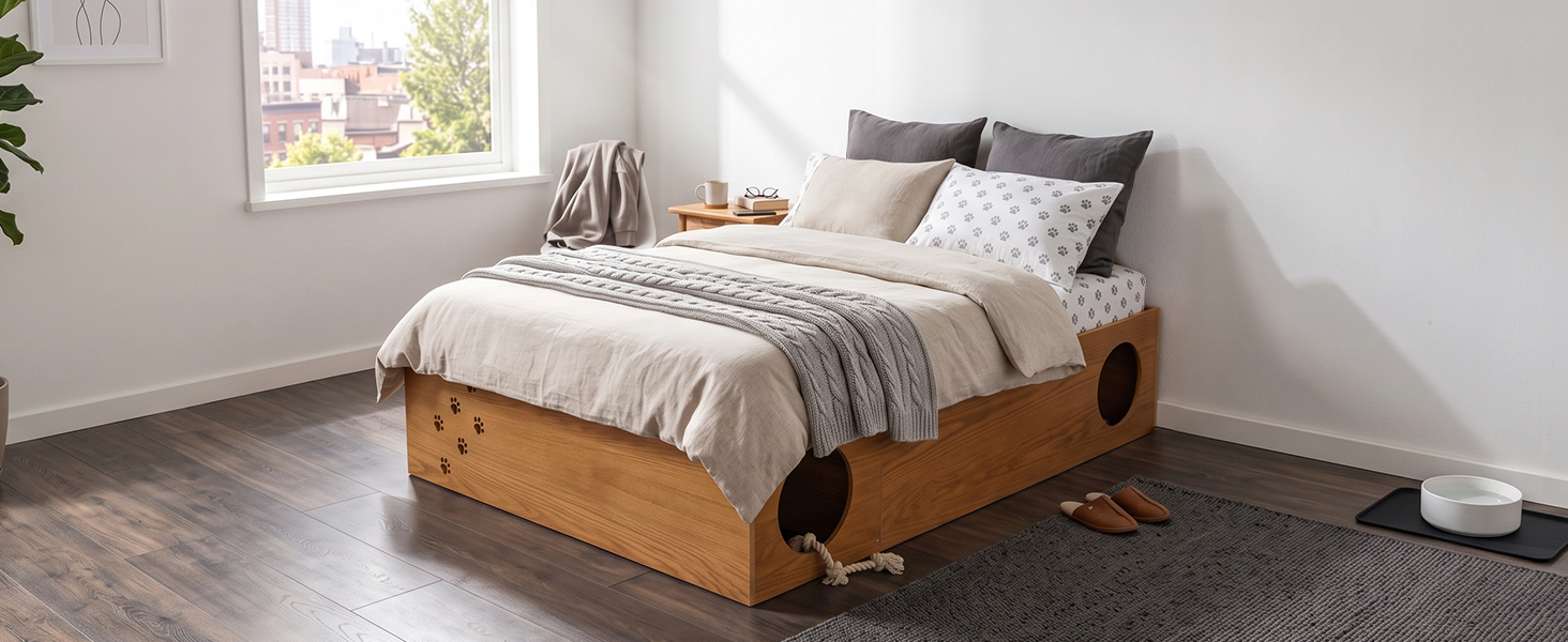 Queen Wood Platform Bed with Removable Headboard, Under-Bed Pet Maze & Private Space, Decorative Footboard, Detachable Slats