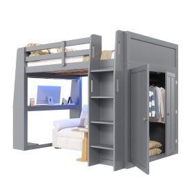 Full Size High Loft Bed with Built-in Desk, LED Lights, Storage Shelves & Double Door Wardrobe Closet