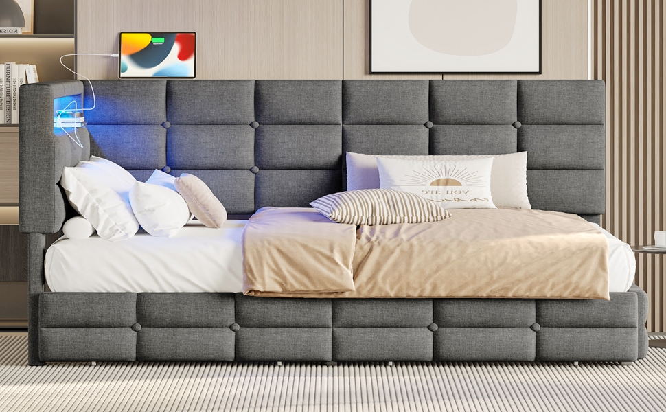Upholstered Twin Size Daybed with Storage 2 Drawers and Charging Station