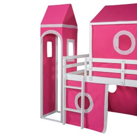 Solid Wood Twin Size Loft Bed With Slide Pink Tent And Tower
