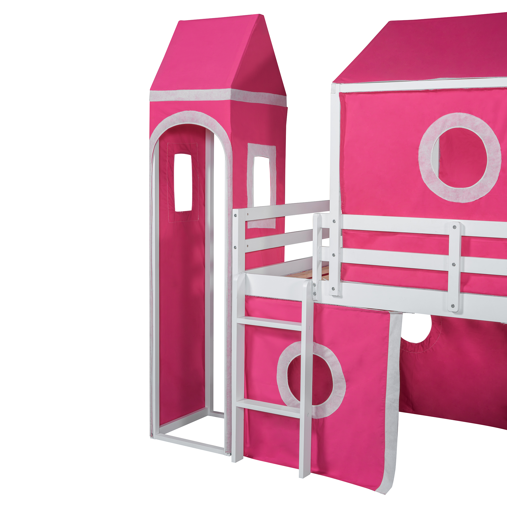 Solid Wood Twin Size Loft Bed With Slide Pink Tent And Tower