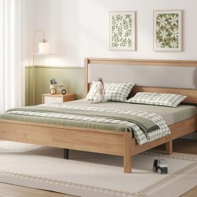 Queen Size Solid Rubber Wooden Bed With Upholstered Headboard
