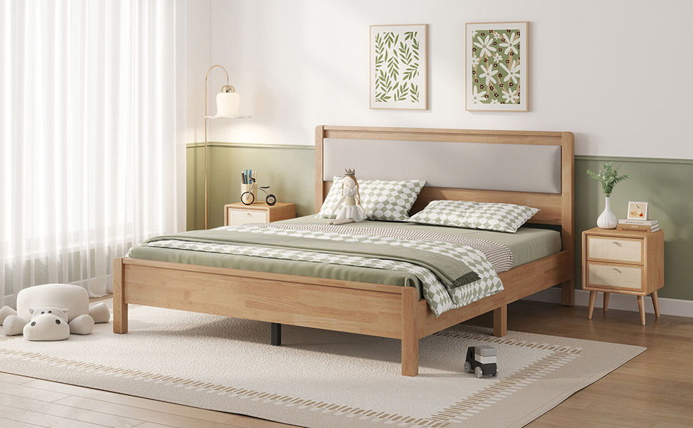 Queen Size Solid Rubber Wooden Bed With Upholstered Headboard