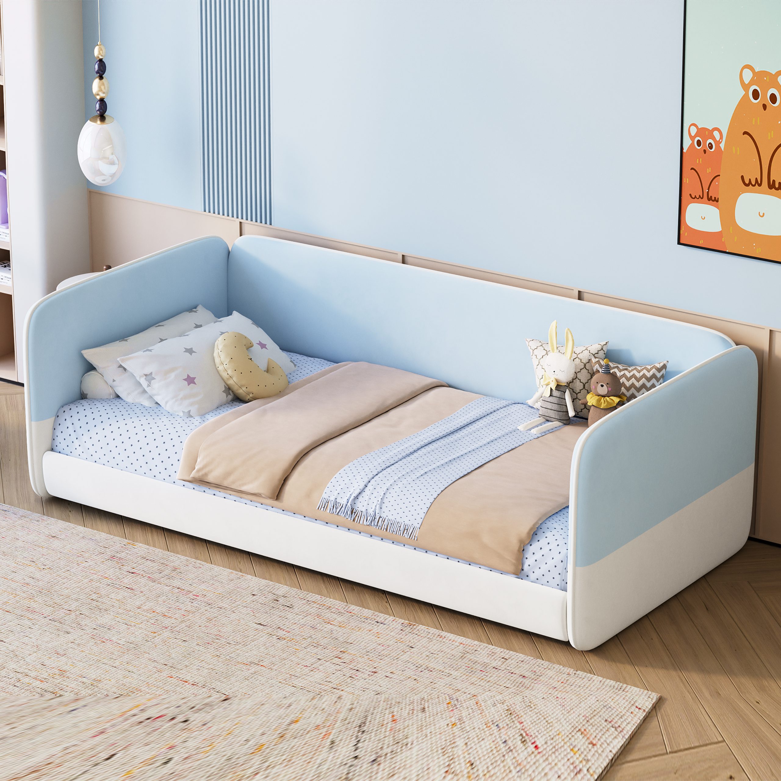 Twin Size Floor Bed with Upholstered Headboard and Armrests
