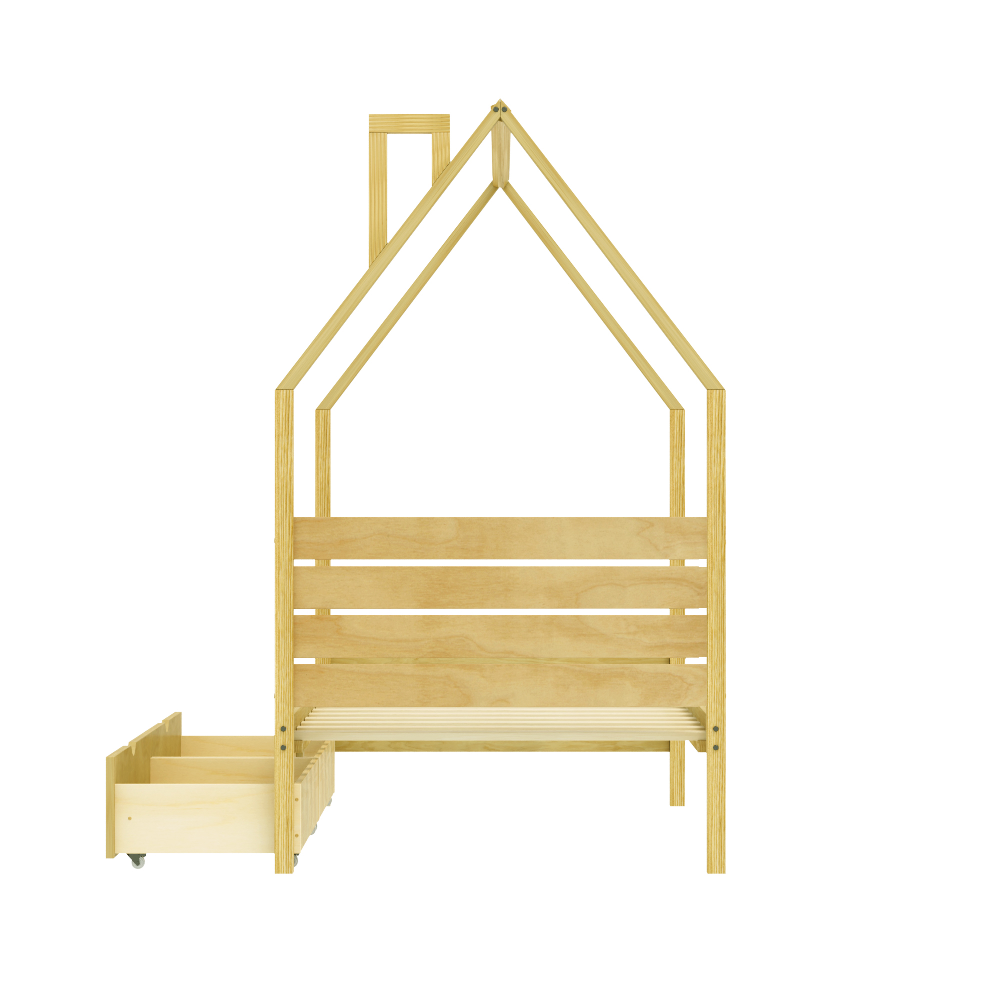 Wood House Shape Twin Montessori Bed with 2 Storage Drawers