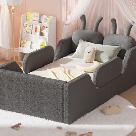 Upholstered Twin Size Platform Bed with Rabbit Cushion