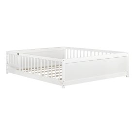 Full Size Rubber Wood Floor Bed with Guardrails, Built-in Book Rack, Door