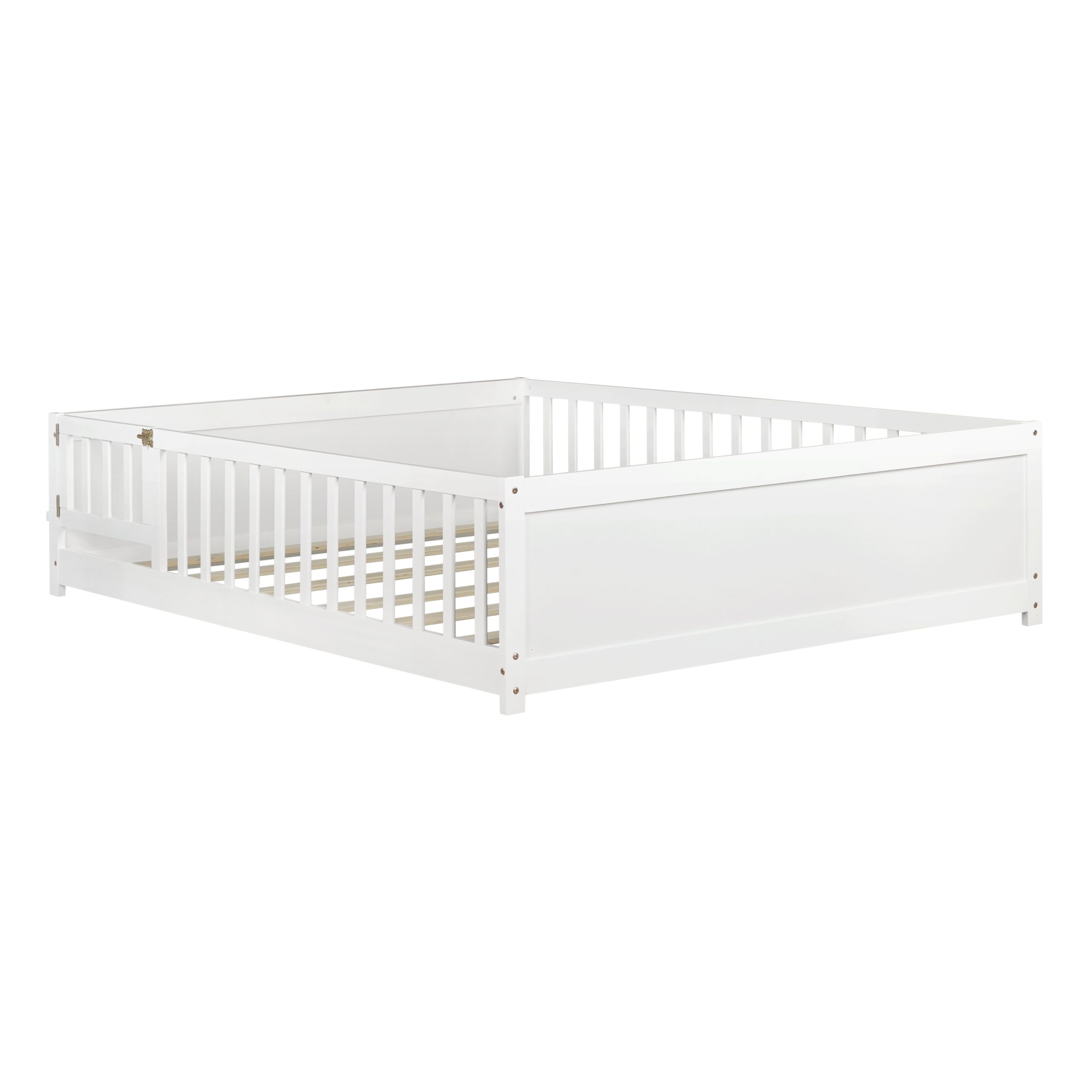 Full Size Rubber Wood Floor Bed with Guardrails, Built-in Book Rack, Door