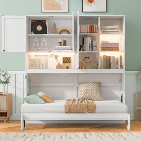 Twin Size Murphy Bed with Top Cabinet, Shelves and Light & USB