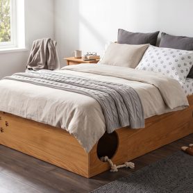 Queen Wood Platform Bed with Removable Headboard, Under-Bed Pet Maze & Private Space, Decorative Footboard, Detachable Slats