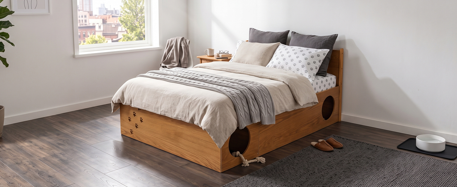 Queen Wood Platform Bed with Removable Headboard, Under-Bed Pet Maze & Private Space, Decorative Footboard, Detachable Slats