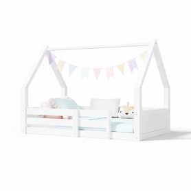 Twin Size House Floor Wooden Bed with House Roof Frame, Fence Guardrails & Grooved Panel Design